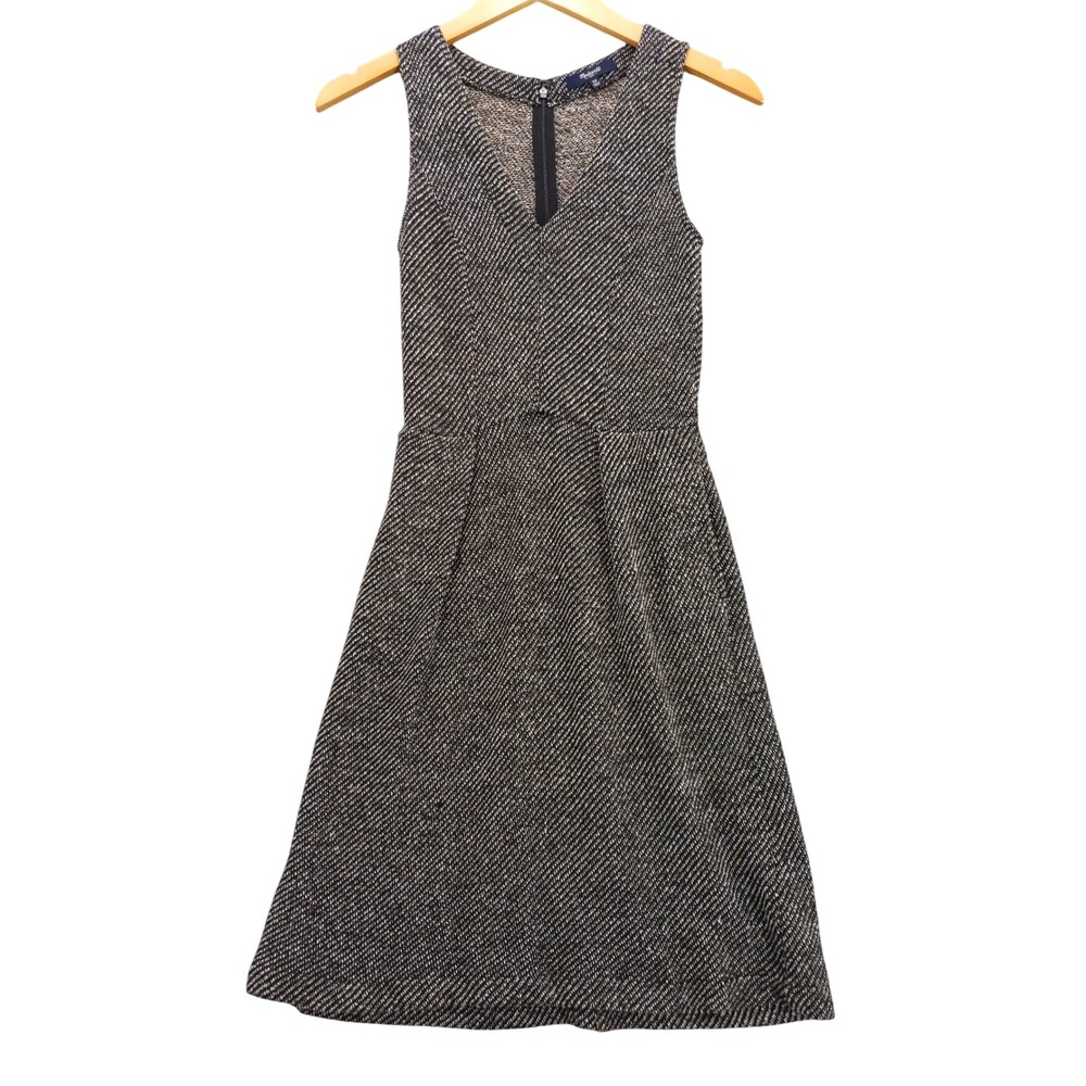 Madewell Black Gold Tweed Herringbone Sleeveless V-Neck Zipper Dress XS